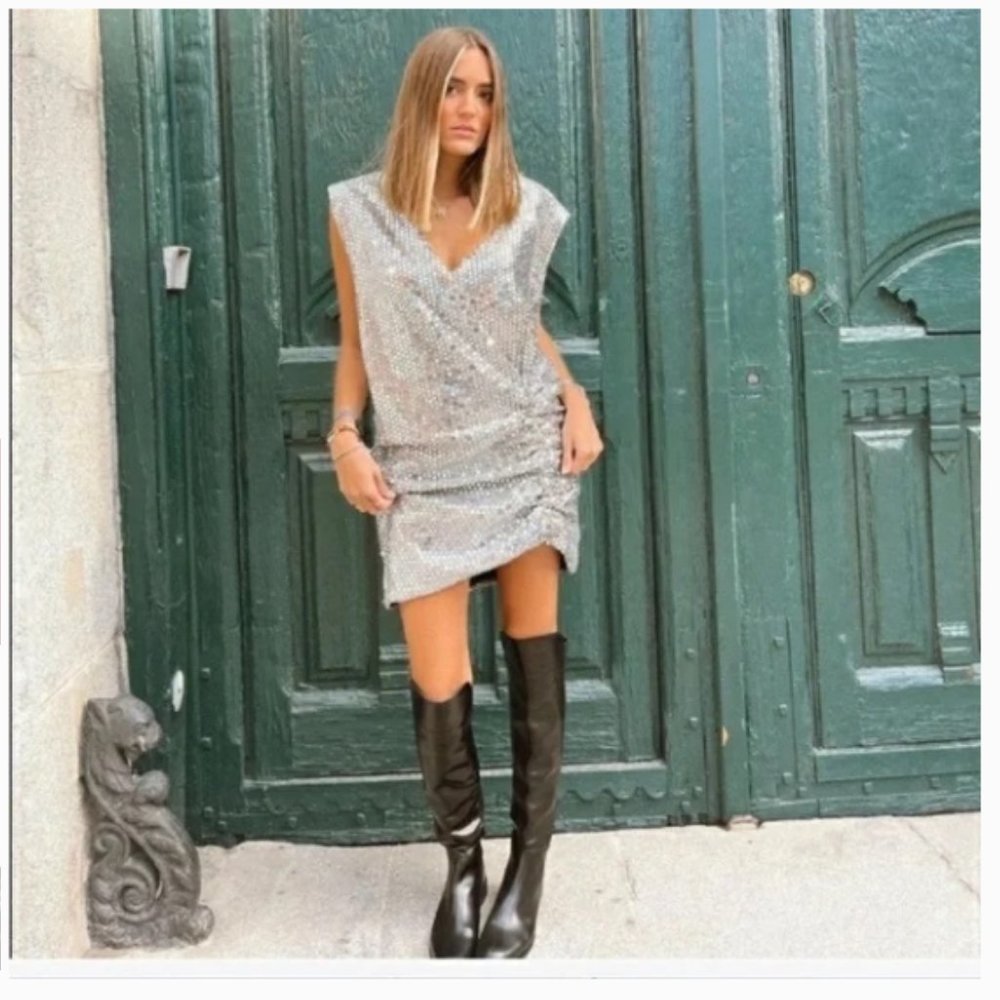 Zara Silver Sequin Ruched Faux Wrap Dress